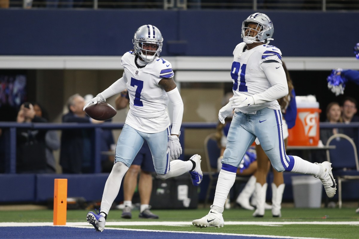 Dallas Cowboys cornerback Trevon Diggs (7) celebrates making an interception against the Atlanta Falcons. Mandatory Credit: Tim Heitman-USA TODAY Sports